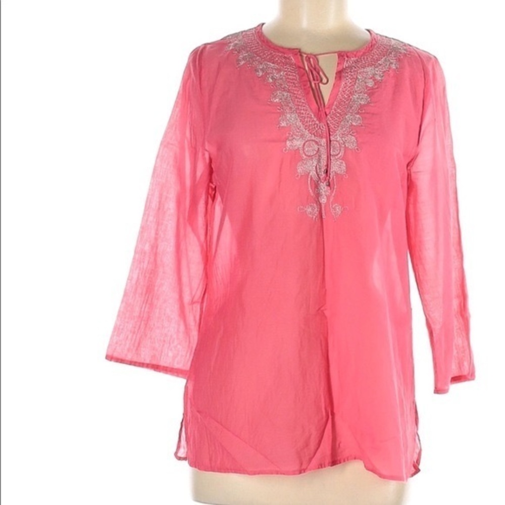 Express M blouse coral w gold embroidered accents 3/4 sleeves silk blend fabric